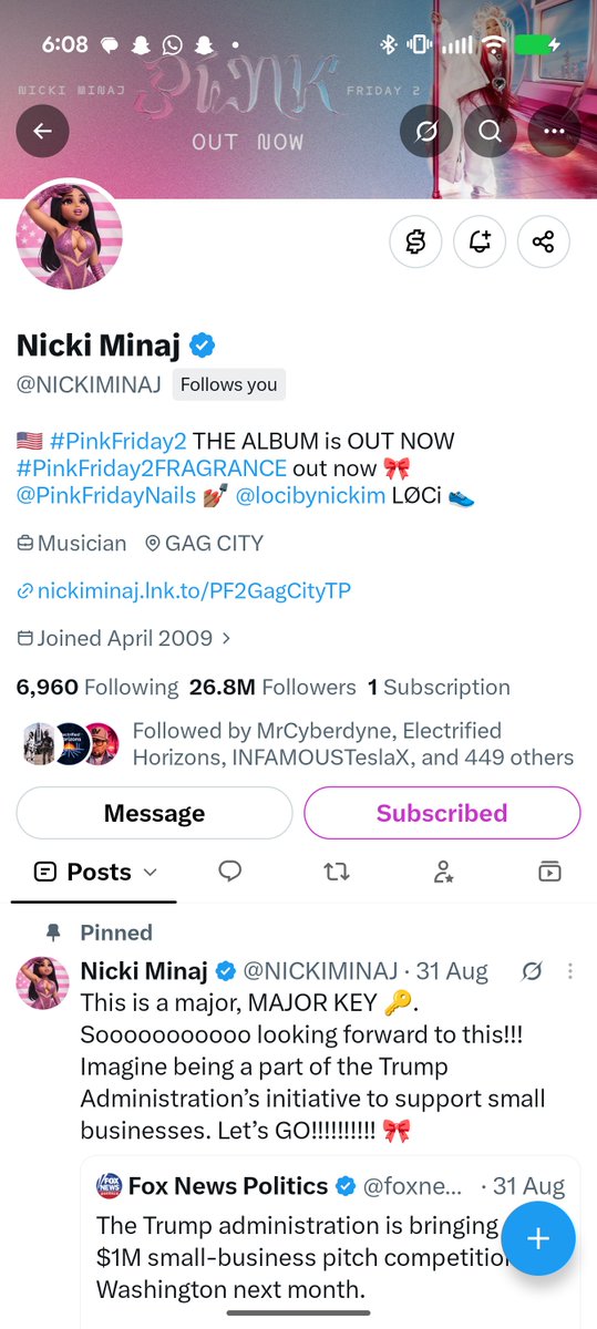 Shout out to my latest follower @NICKIMINAJ please show her some love. 🩷Y'all act like…